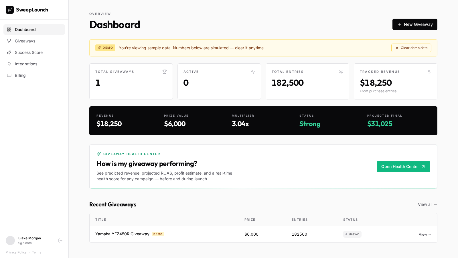 SweepLaunch merchant dashboard